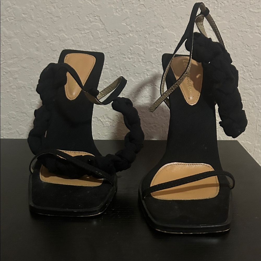 Lemon Black Braided Ankle-Strap Heeled Sandals